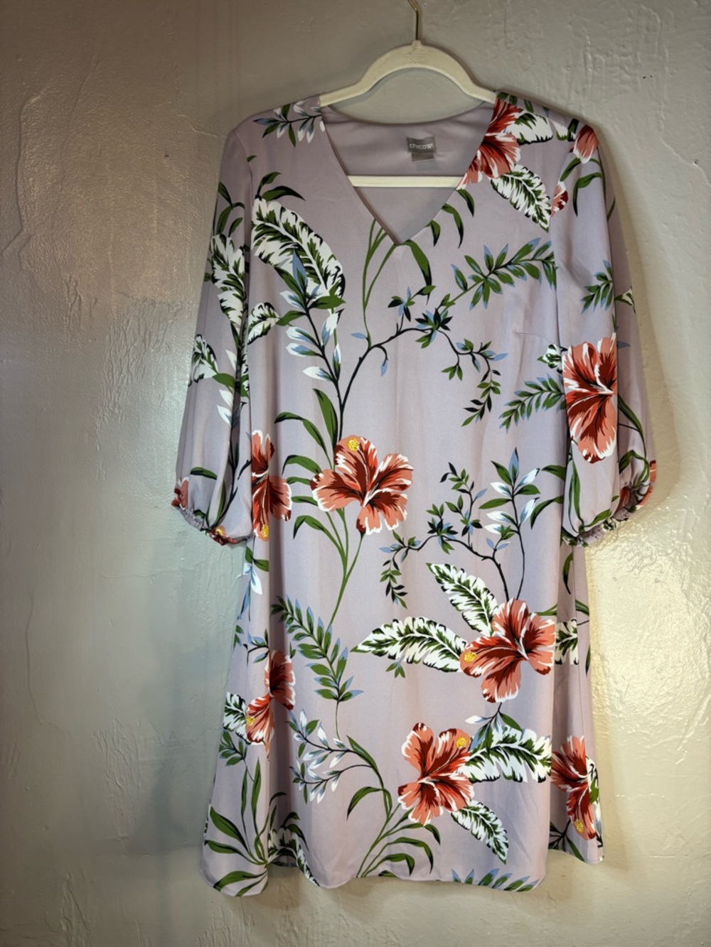 Chico's Lavender Floral V-Neck Tunic with Red Hibiscus Accents